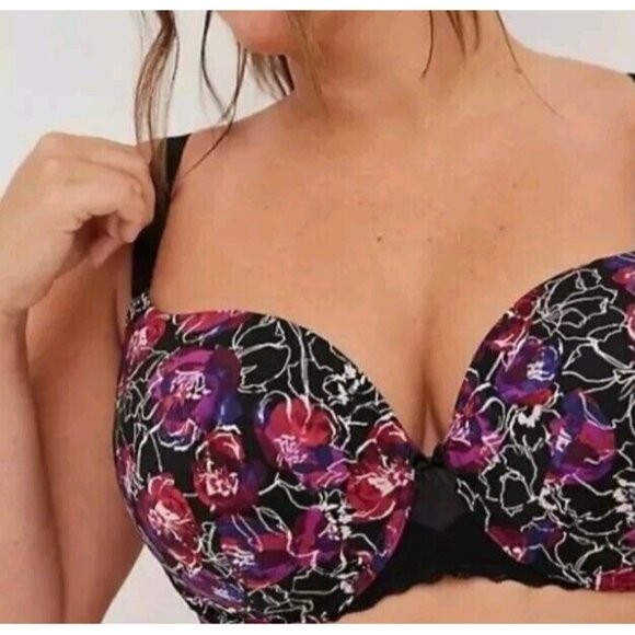 Torrid Bra 40DDD 360 Back Smoothing T Shirt Black Floral Underwire - Picture 12 of 12